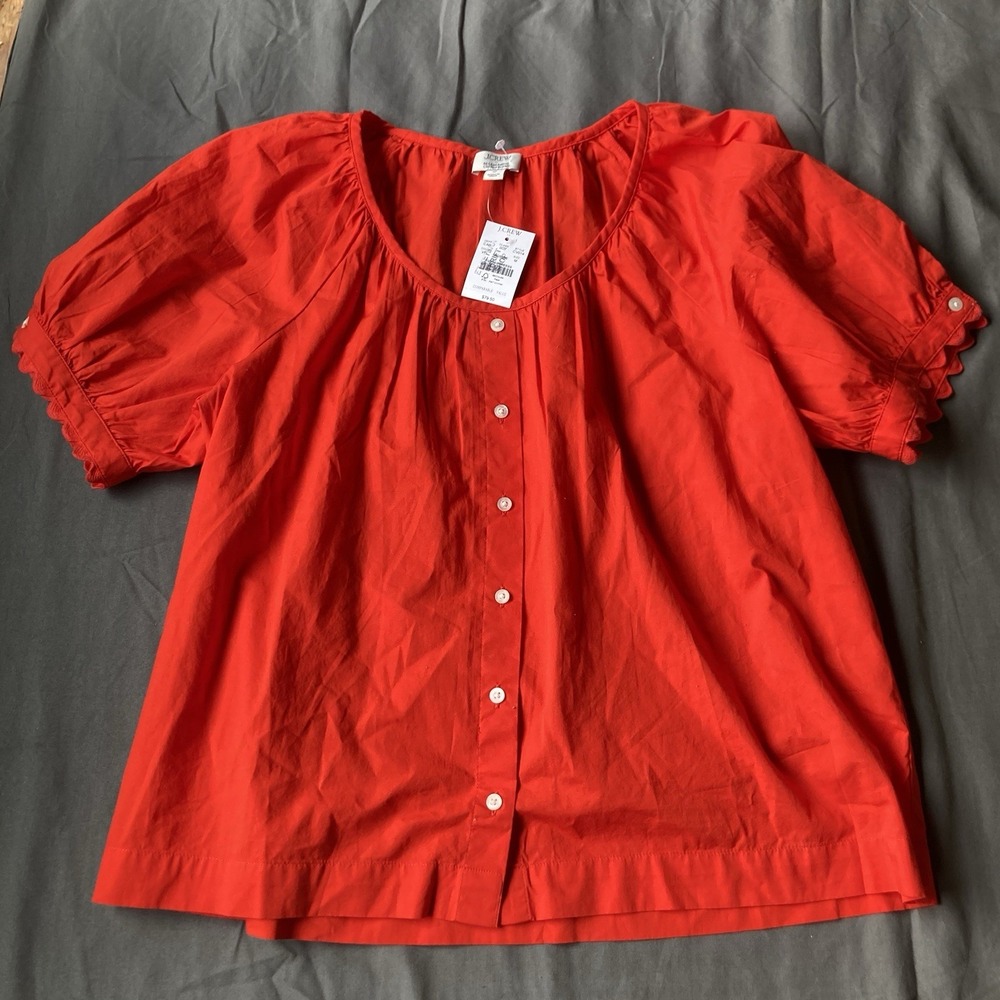 J Crew Puff Sleeve Women's Button Up Top in Red Cotton Blend Medium